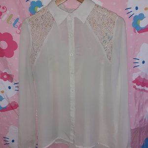 Sheer White Long Sleeve Lace Blouse (M/L)